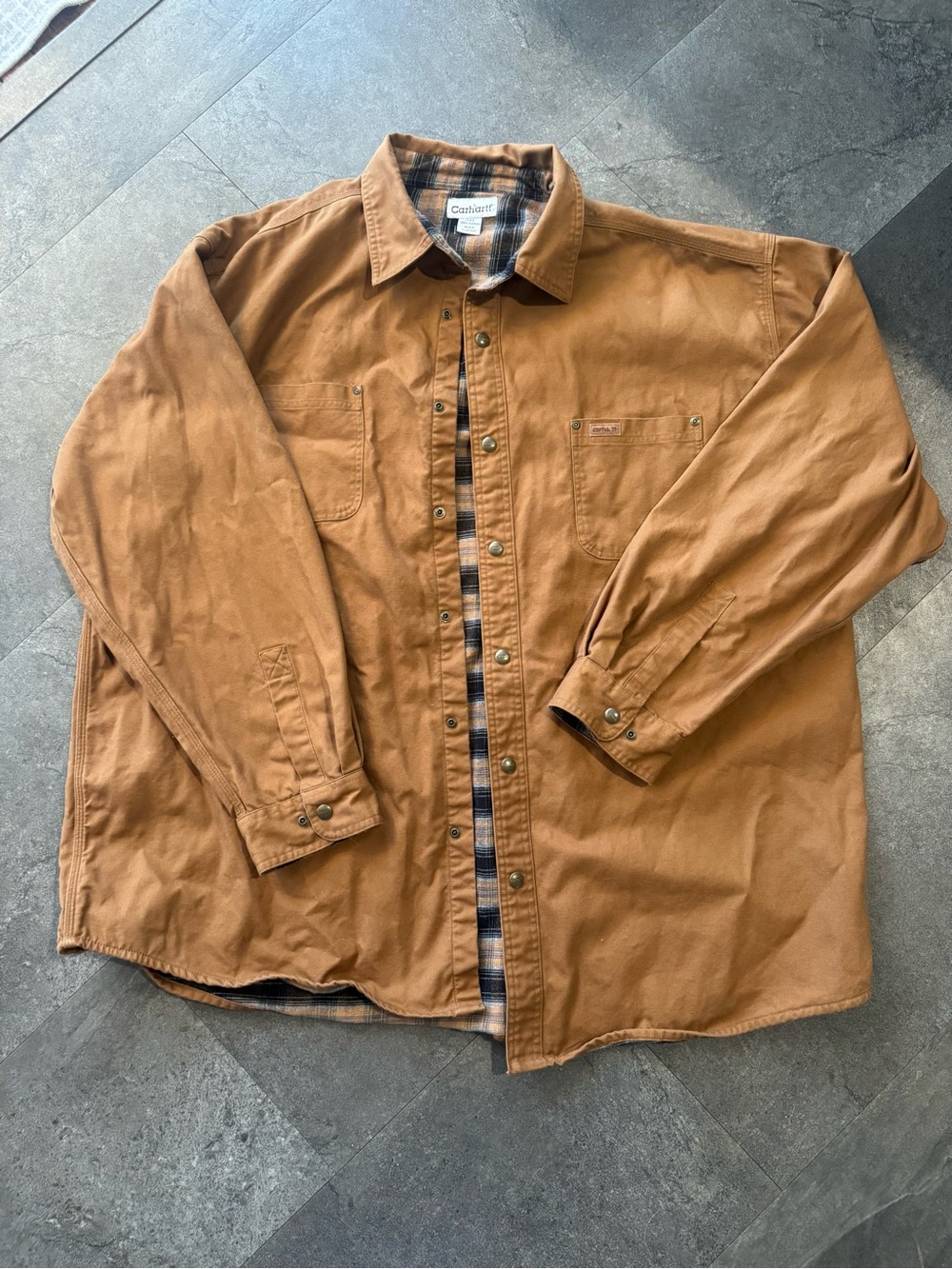 Carhartt Men's Tan Canvas Shirt Jacket with Flannel Lining